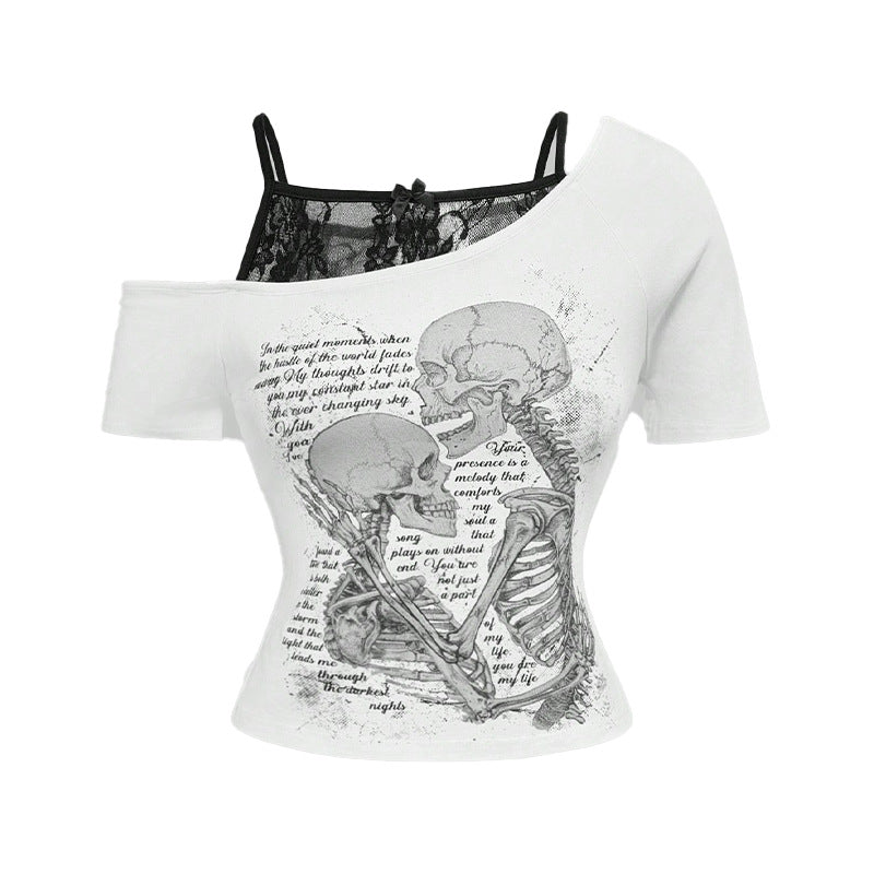 Retro Hot Letter Skull Print Off-Shoulder Fake Two-Piece Short Sleeve T-Shirt for Women Spicy Style