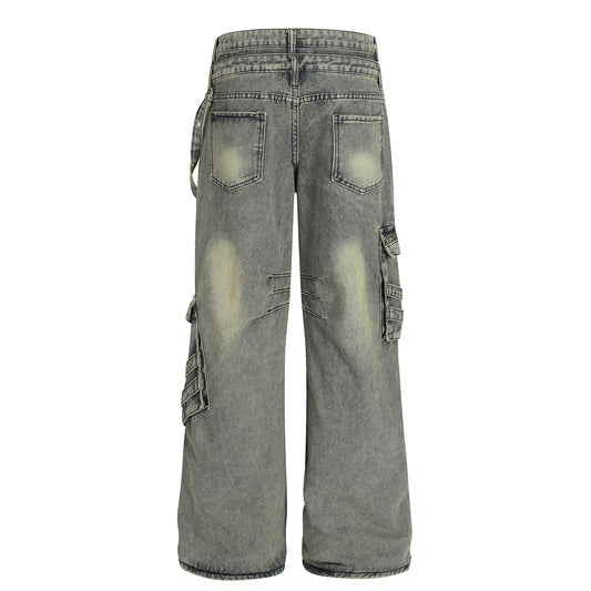 Retro design heavy-duty multi pocket denim work pants