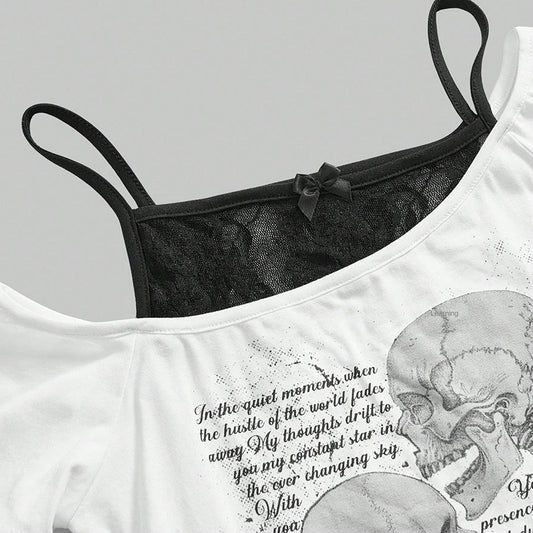 Retro Hot Letter Skull Print Off-Shoulder Fake Two-Piece Short Sleeve T-Shirt for Women Spicy Style