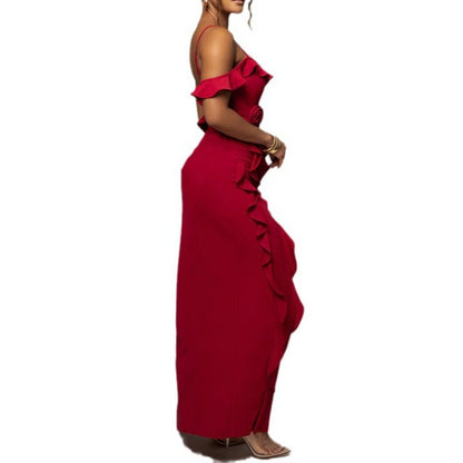 Solid Color Gentle Temperament Floral Strap Shoulder-baring Splicing Women's Elegant Three-dimensional Irregular Hem Leaf Edge Slit Long Dress