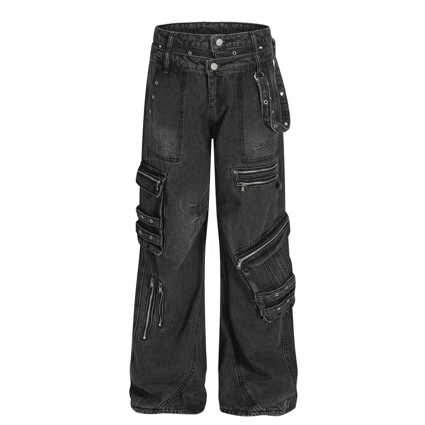 Retro design heavy-duty multi pocket denim work pants