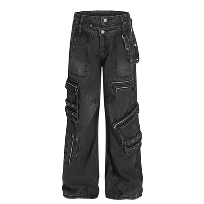 Retro design heavy-duty multi pocket denim work pants