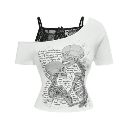 Retro Hot Letter Skull Print Off-Shoulder Fake Two-Piece Short Sleeve T-Shirt for Women Spicy Style