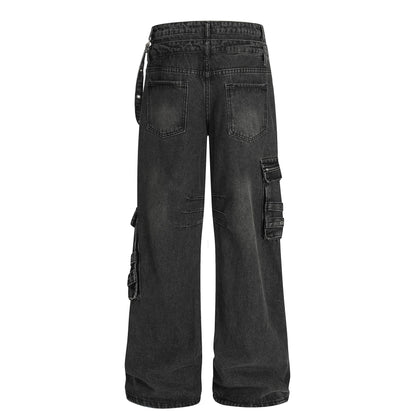 Retro design heavy-duty multi pocket denim work pants