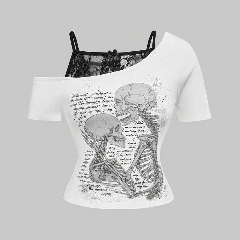 Retro Hot Letter Skull Print Off-Shoulder Fake Two-Piece Short Sleeve T-Shirt for Women Spicy Style