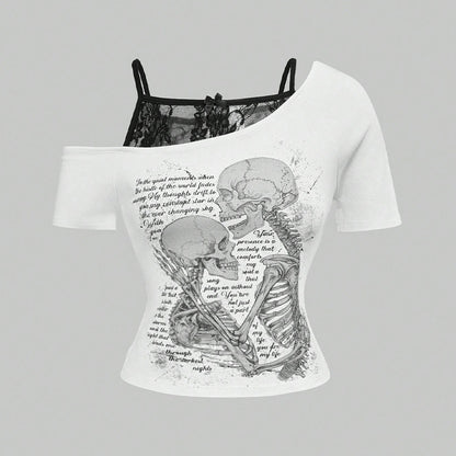 Retro Hot Letter Skull Print Off-Shoulder Fake Two-Piece Short Sleeve T-Shirt for Women Spicy Style