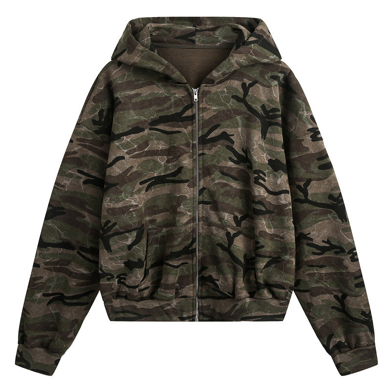 High School American Retro Camouflage Short Cardigan Unisex Cleanfit Couple Hoodie