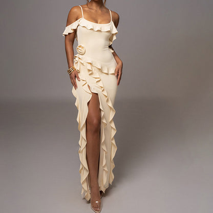 Solid Color Gentle Temperament Floral Strap Shoulder-baring Splicing Women's Elegant Three-dimensional Irregular Hem Leaf Edge Slit Long Dress