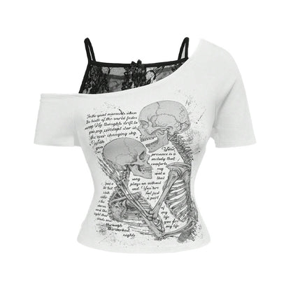 Retro Hot Letter Skull Print Off-Shoulder Fake Two-Piece Short Sleeve T-Shirt for Women Spicy Style