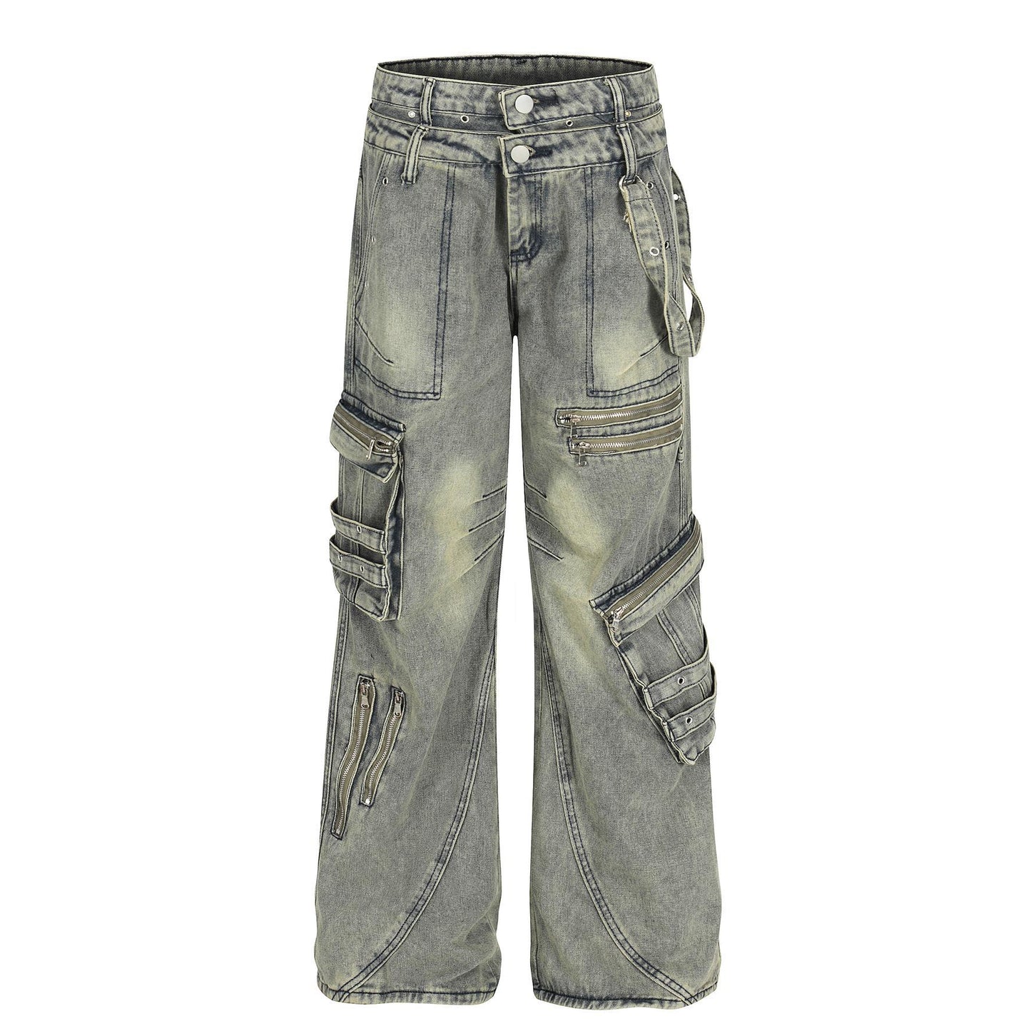 Retro design heavy-duty multi pocket denim work pants