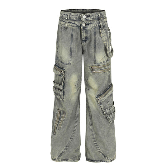 Retro design heavy-duty multi pocket denim work pants