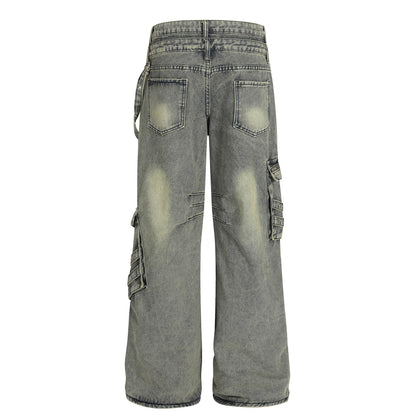 Retro design heavy-duty multi pocket denim work pants