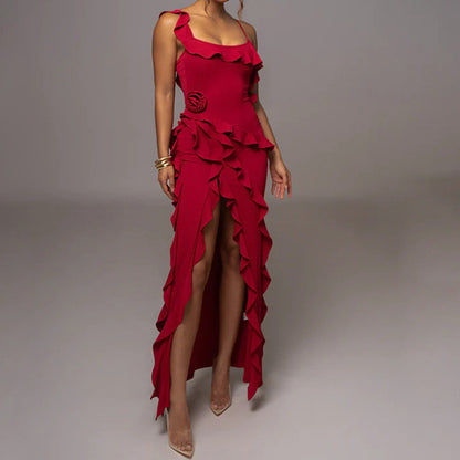 Solid Color Gentle Temperament Floral Strap Shoulder-baring Splicing Women's Elegant Three-dimensional Irregular Hem Leaf Edge Slit Long Dress