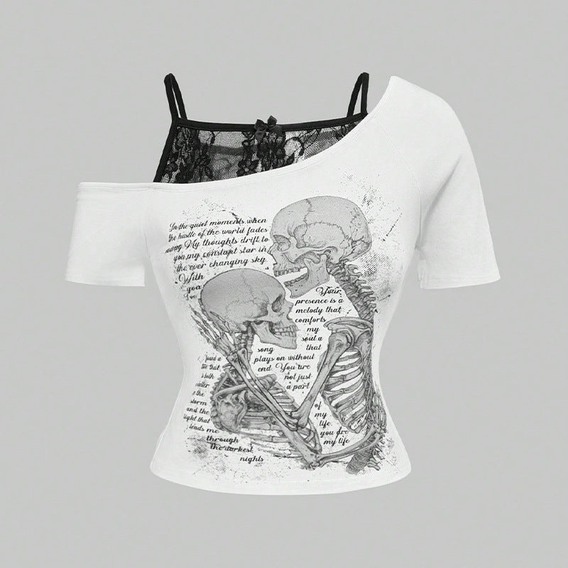 Retro Hot Letter Skull Print Off-Shoulder Fake Two-Piece Short Sleeve T-Shirt for Women Spicy Style