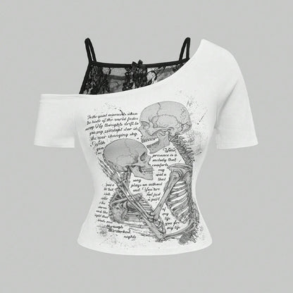Retro Hot Letter Skull Print Off-Shoulder Fake Two-Piece Short Sleeve T-Shirt for Women Spicy Style