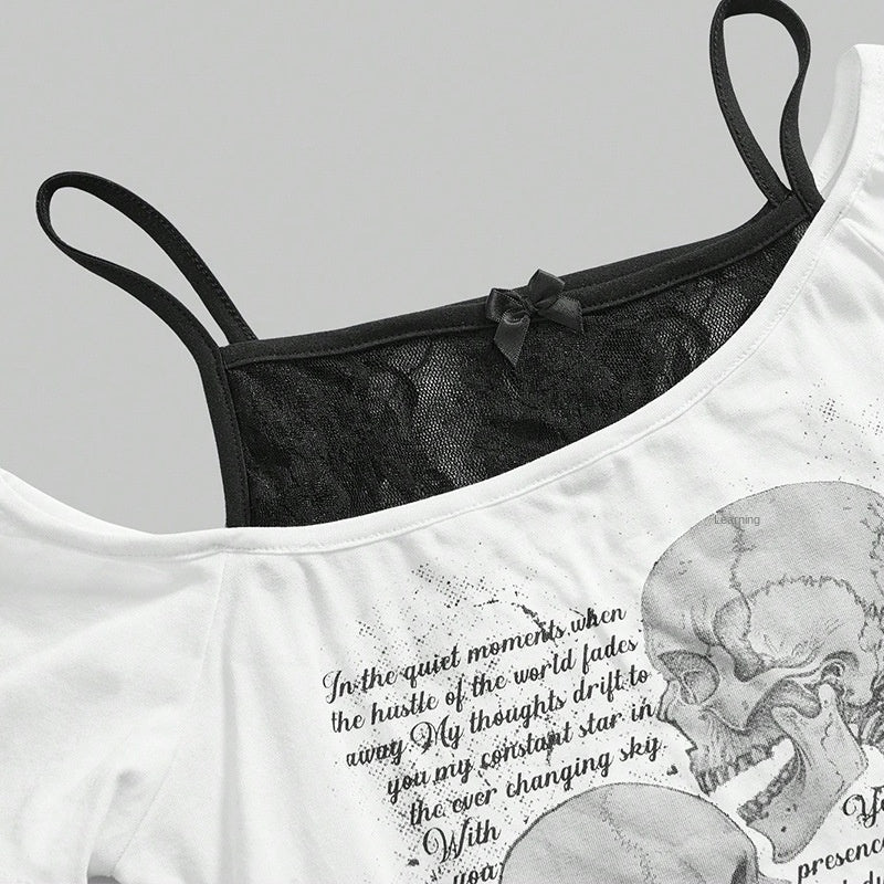 Retro Hot Letter Skull Print Off-Shoulder Fake Two-Piece Short Sleeve T-Shirt for Women Spicy Style