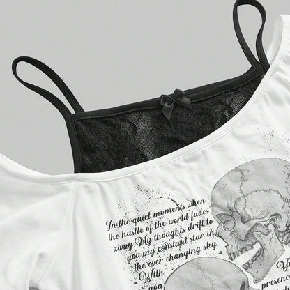 Retro Hot Letter Skull Print Off-Shoulder Fake Two-Piece Short Sleeve T-Shirt for Women Spicy Style