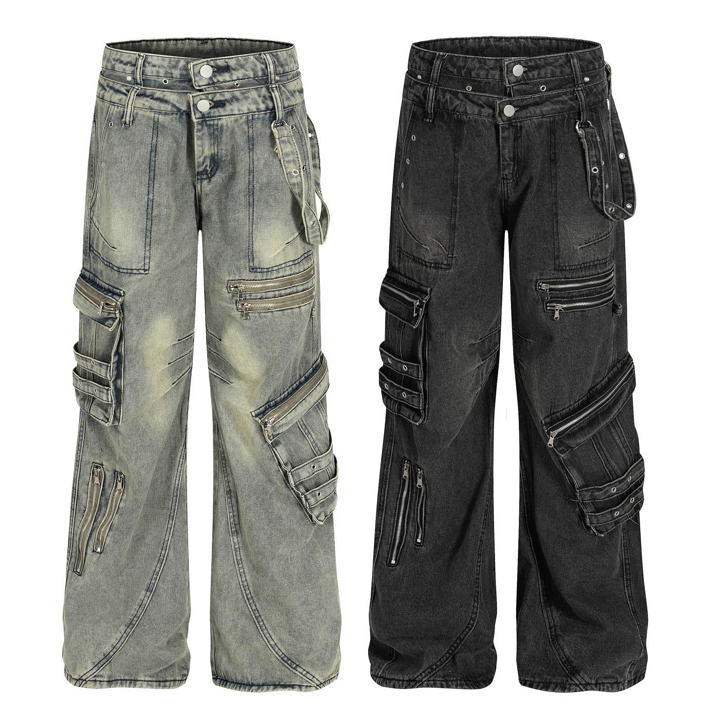 Retro design heavy-duty multi pocket denim work pants