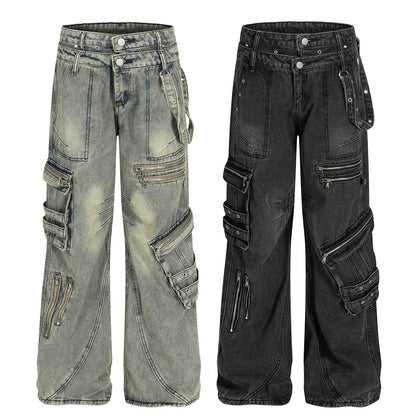 Retro design heavy-duty multi pocket denim work pants
