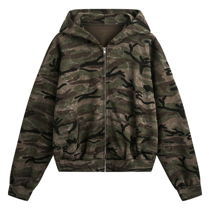 High School American Retro Camouflage Short Cardigan Unisex Cleanfit Couple Hoodie