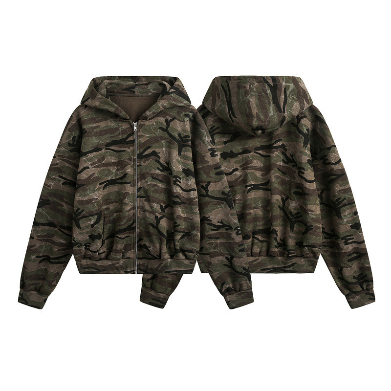 High School American Retro Camouflage Short Cardigan Unisex Cleanfit Couple Hoodie