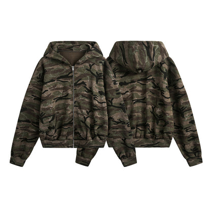High School American Retro Camouflage Short Cardigan Unisex Cleanfit Couple Hoodie